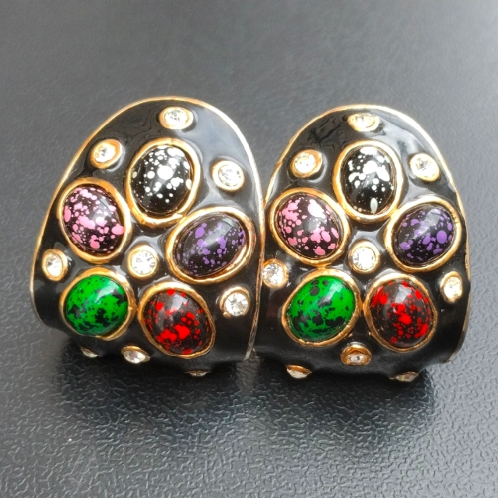 Rare Vintage Glass Cabochon Enamel Gem Studded Estate Clip On Earrings